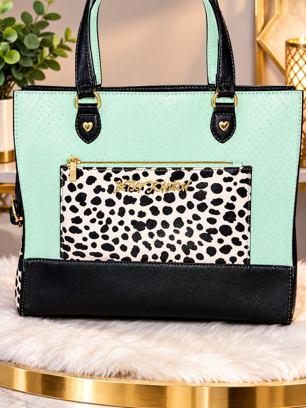Betsey Johnson Mint Green Dalmatian Dot Satchel Tote Bag Y2K Retro